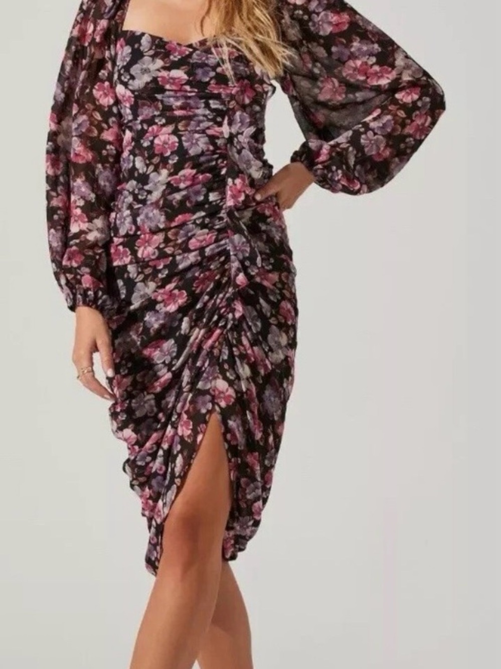 Astr Black Floral Ruched Midi Dress with Pink and Purple Blooms